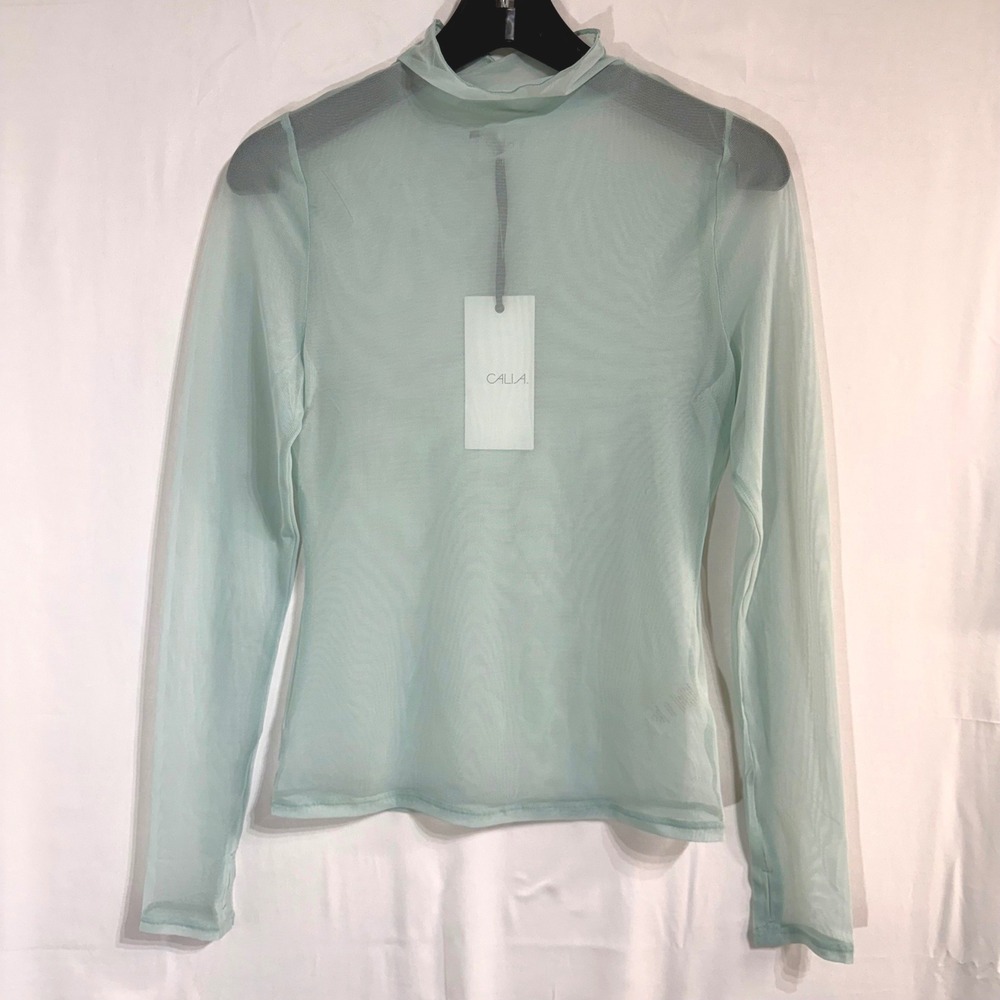 CALIA Women S Draped Funnel Long Sleeve Smoked Turquoise Sheer Mesh Top NWT - Picture 3 of 11